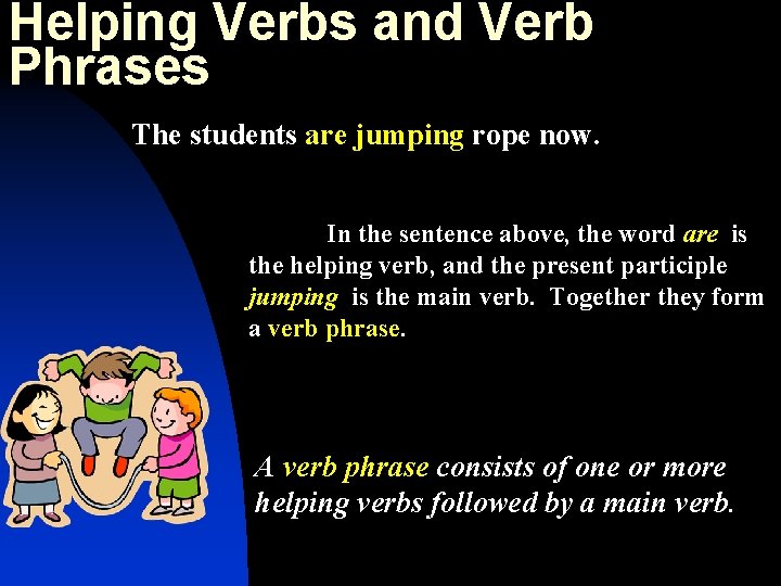 Helping Verbs and Verb Phrases The students are jumping rope now. In the sentence