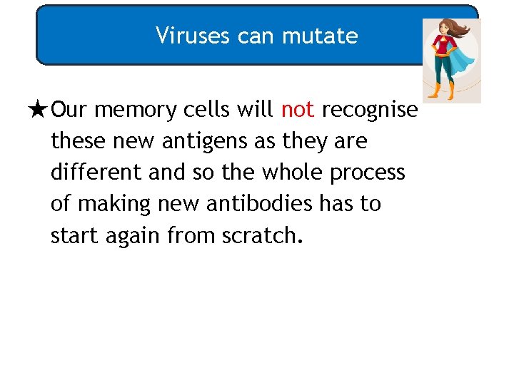 Viruses can mutate ★Our memory cells will not recognise these new antigens as they