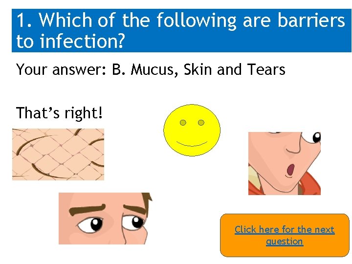 1. Which of the following are barriers to infection? Your answer: B. Mucus, Skin