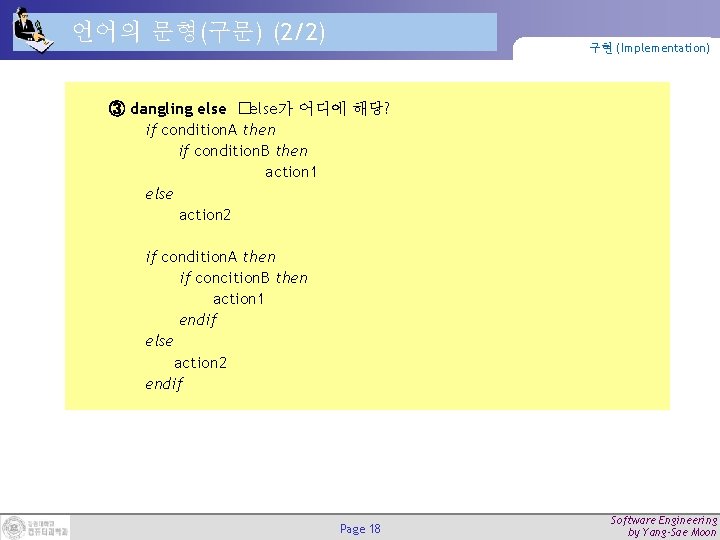 언어의 문형(구문) (2/2) 구현 (Implementation) ③ dangling else �else가 어디에 해당? if condition. A