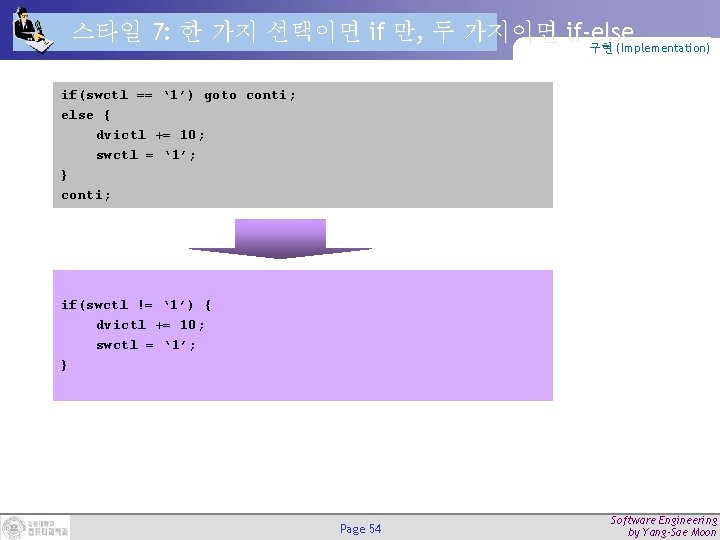 스타일 7: 한 가지 선택이면 if 만, 두 가지이면 if-else 구현 (Implementation) if(swctl ==