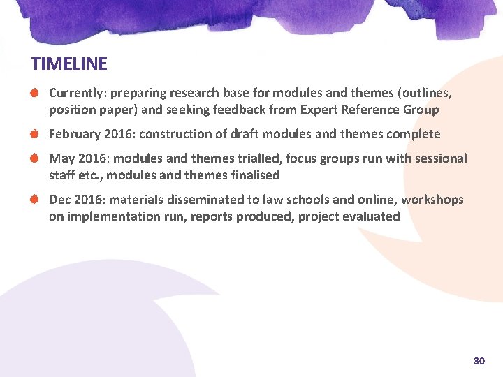 TIMELINE Currently: preparing research base for modules and themes (outlines, position paper) and seeking