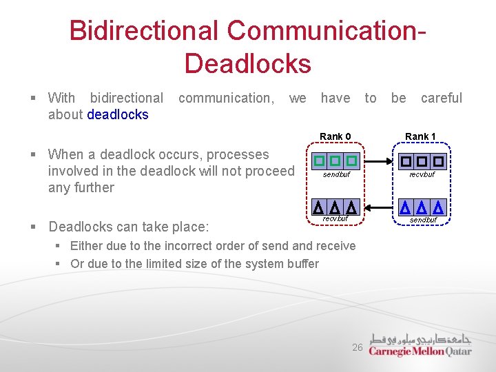 Bidirectional Communication- Deadlocks § With bidirectional communication, we have to be careful about deadlocks