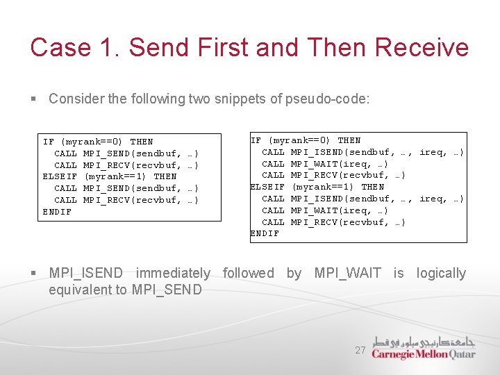 Case 1. Send First and Then Receive § Consider the following two snippets of