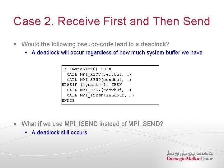 Case 2. Receive First and Then Send § Would the following pseudo-code lead to