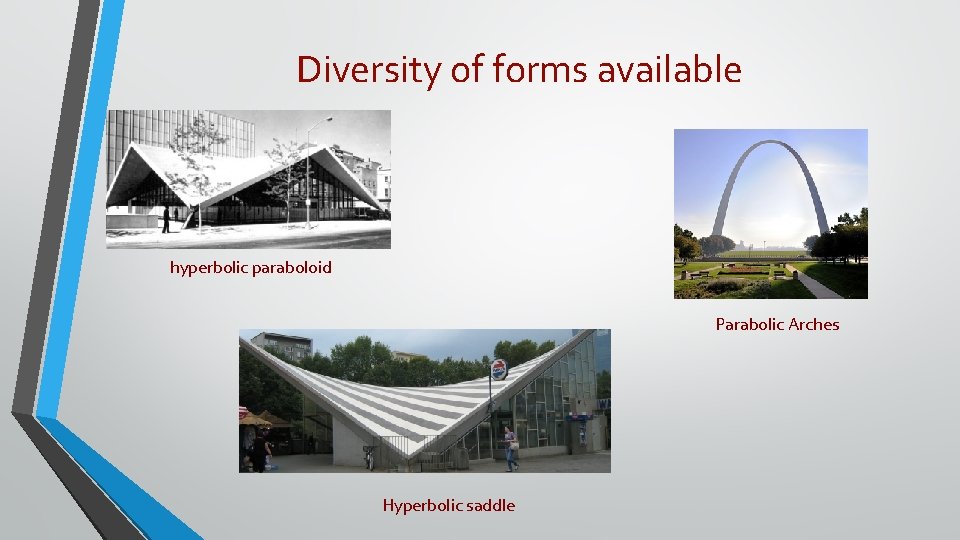 Diversity of forms available hyperbolic paraboloid Parabolic Arches Hyperbolic saddle 
