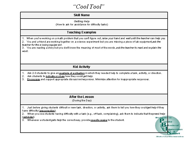 “Cool Tool” Skill Name Getting Help (How to ask for assistance for difficulty tasks)