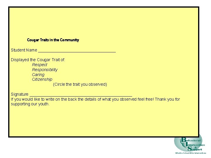 Cougar Traits in the Community Student Name _________________ Displayed the Cougar Trait of: Respect