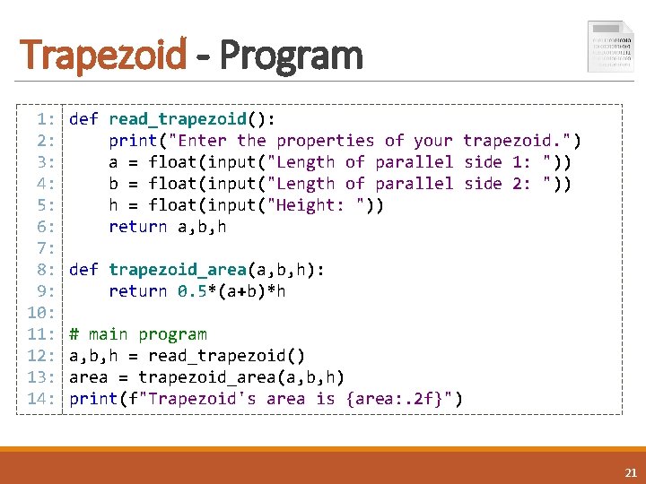 Trapezoid - Program 1: 2: 3: 4: 5: 6: 7: 8: 9: 10: 11: Trapezoid - Program 1: 2: 3: 4: 5: 6: 7: 8: 9: 10: 11: