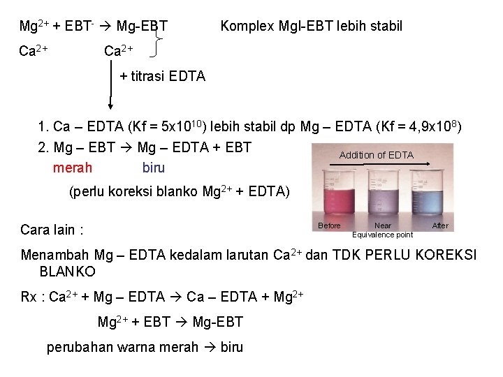 Mg 2+ + EBT- Mg-EBT Ca 2+ Komplex Mg. I-EBT lebih stabil Ca 2+