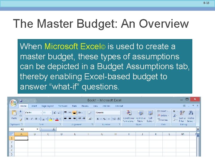 8 -15 The Master Budget: An Overview When Microsoft Excel© is used to create