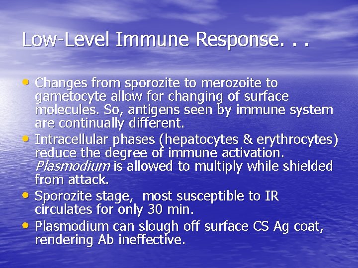 Low-Level Immune Response. . . • Changes from sporozite to merozoite to • •