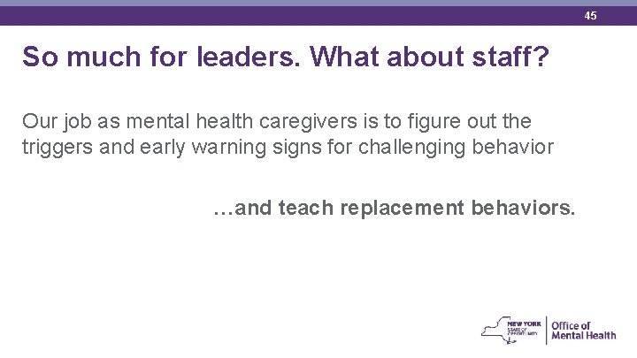 45 So much for leaders. What about staff? Our job as mental health caregivers