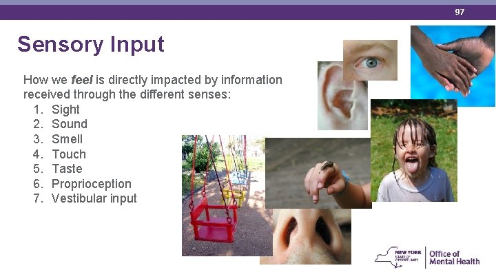 97 Sensory Input How we feel is directly impacted by information received through the