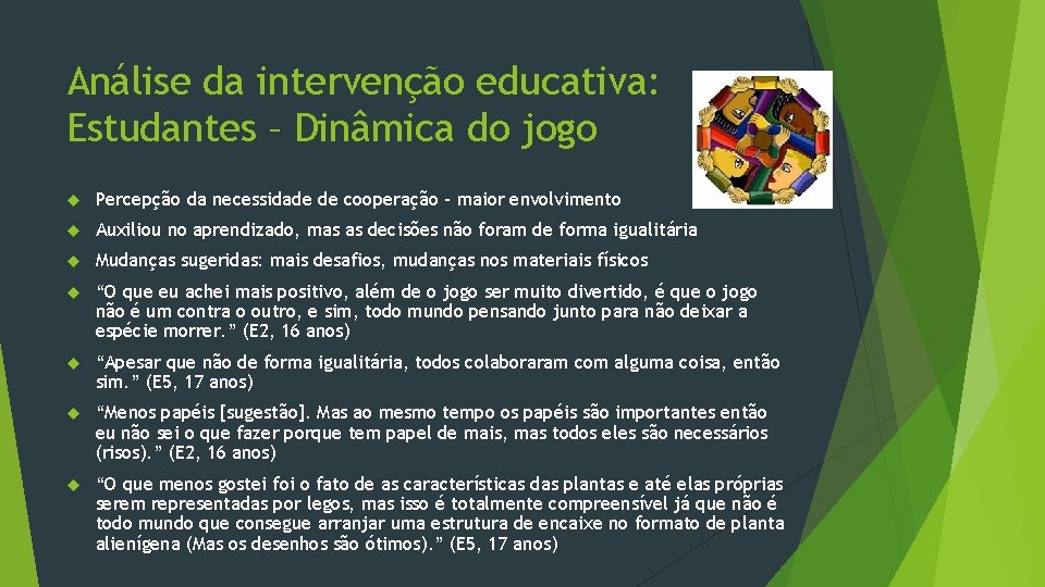 Análise da intervenção educativa: Estudantes – Dinâmica do jogo Percepção da necessidade de cooperação
