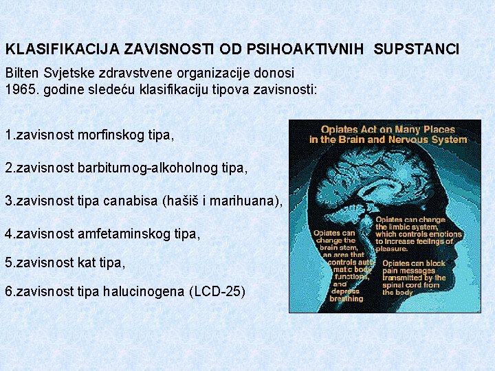 KLASIFIKACIJA ZAVISNOSTI OD PSIHOAKTIVNIH SUPSTANCI Bilten Svjetske zdravstvene organizacije donosi 1965. godine sledeću klasifikaciju