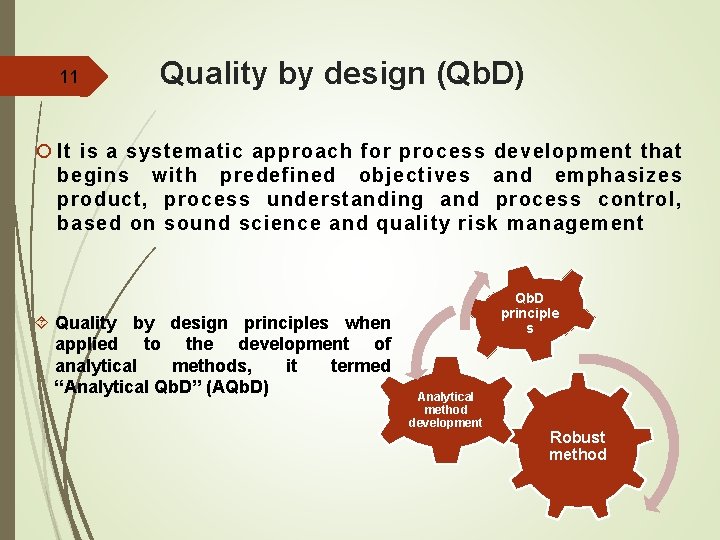 11 Quality by design (Qb. D) It is a systematic approach for process development