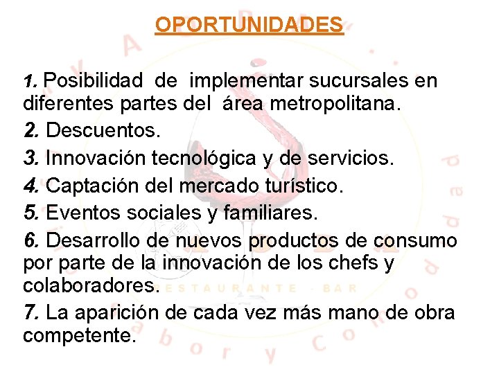 OPORTUNIDADES 1. Posibilidad de implementar sucursales en diferentes partes del área metropolitana. 2. Descuentos. OPORTUNIDADES 1. Posibilidad de implementar sucursales en diferentes partes del área metropolitana. 2. Descuentos.