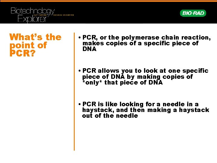 What’s the point of PCR? • PCR, or the polymerase chain reaction, makes copies