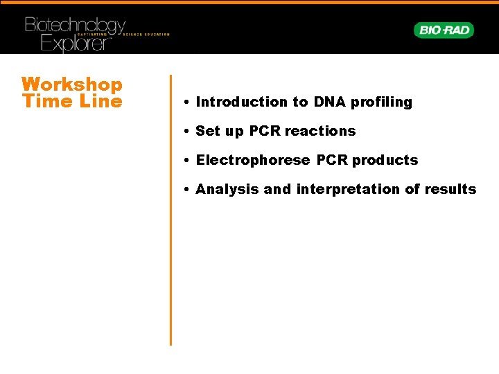 Workshop Time Line • Introduction to DNA profiling • Set up PCR reactions •