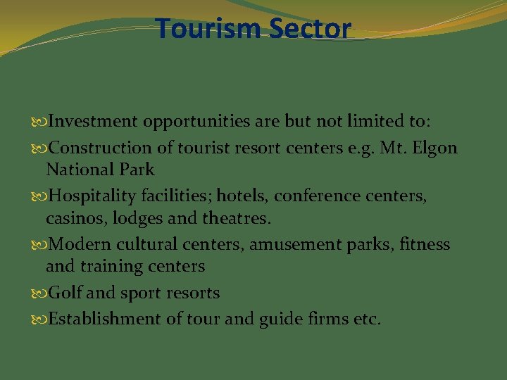 Tourism Sector Investment opportunities are but not limited to: Construction of tourist resort centers