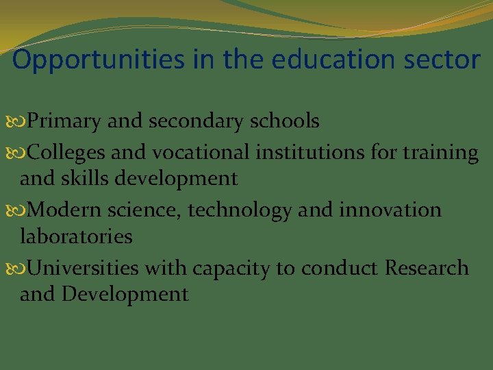 Opportunities in the education sector Primary and secondary schools Colleges and vocational institutions for