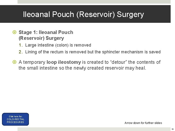 Ileoanal Pouch (Reservoir) Surgery Stage 1: Ileoanal Pouch (Reservoir) Surgery 1. Large intestine (colon)