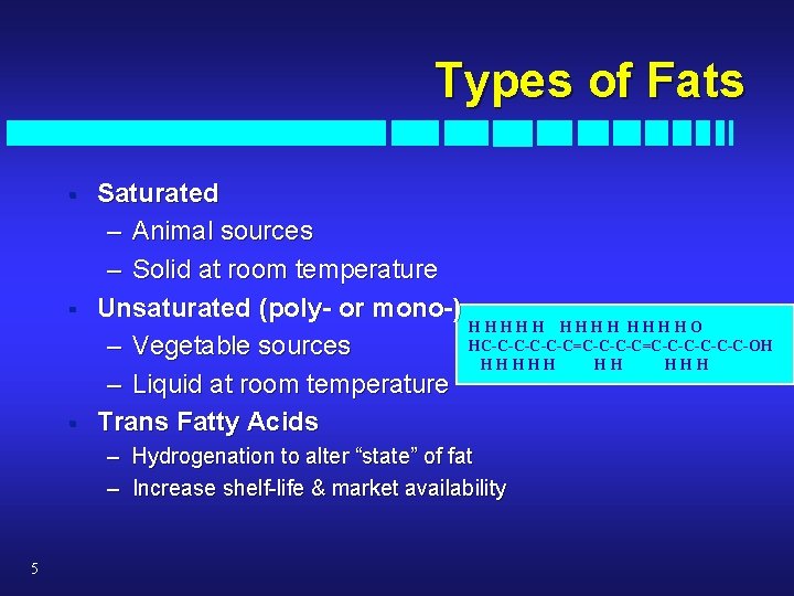 Types of Fats § § § Saturated – Animal sources – Solid at room