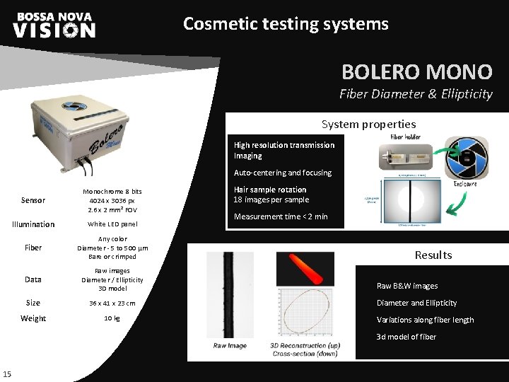 Cosmetic testing systems BOLERO MONO Fiber Diameter & Ellipticity System properties High resolution transmission