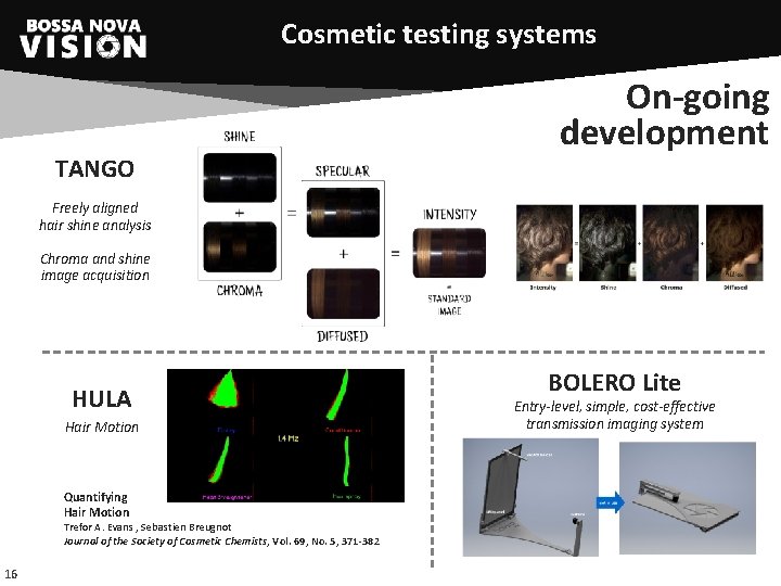 Cosmetic testing systems TANGO On-going development Freely aligned hair shine analysis Chroma and shine