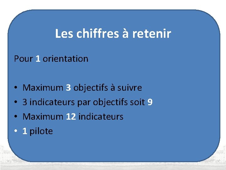 Les chiffres à retenir Pour 1 orientation • • Maximum 3 objectifs à suivre Les chiffres à retenir Pour 1 orientation • • Maximum 3 objectifs à suivre