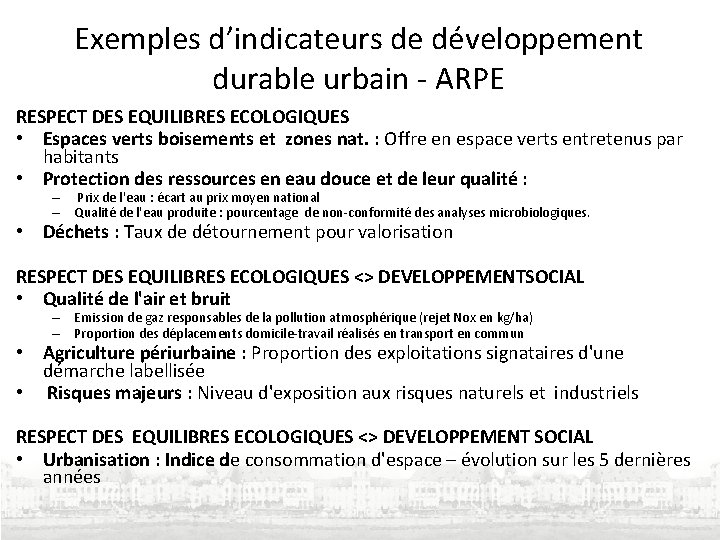 Exemples d’indicateurs de développement durable urbain - ARPE RESPECT DES EQUILIBRES ECOLOGIQUES • Espaces Exemples d’indicateurs de développement durable urbain - ARPE RESPECT DES EQUILIBRES ECOLOGIQUES • Espaces