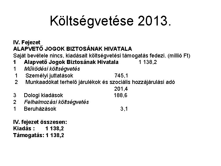 Költségvetése 2013. IV. Fejezet ALAPVETŐ JOGOK BIZTOSÁNAK HIVATALA Saját bevétele nincs, kiadásait költségvetési támogatás