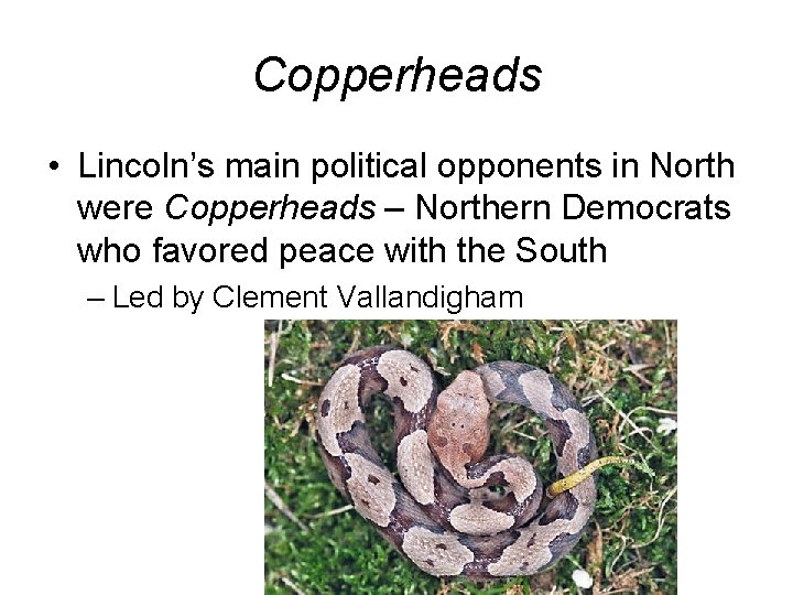 Copperheads • Lincoln’s main political opponents in North were Copperheads – Northern Democrats who
