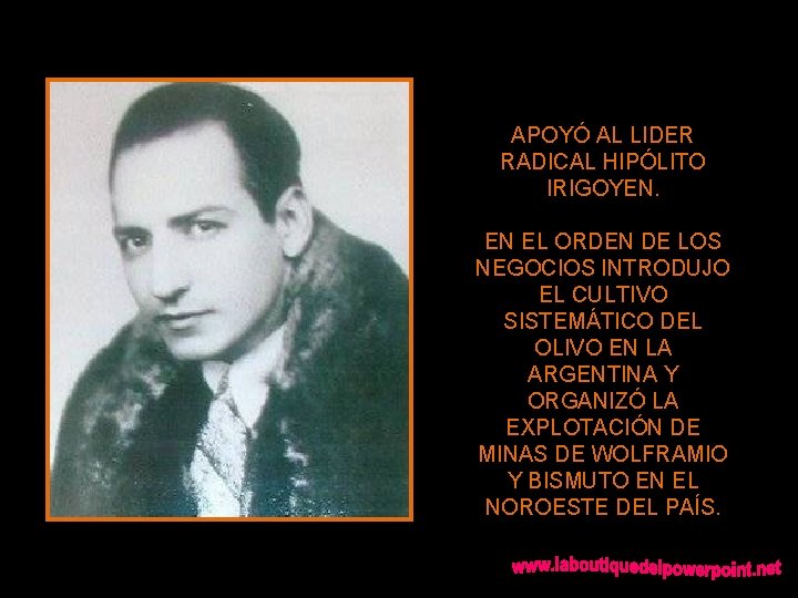 APOYÓ AL LIDER RADICAL HIPÓLITO IRIGOYEN. EN EL ORDEN DE LOS NEGOCIOS INTRODUJO EL