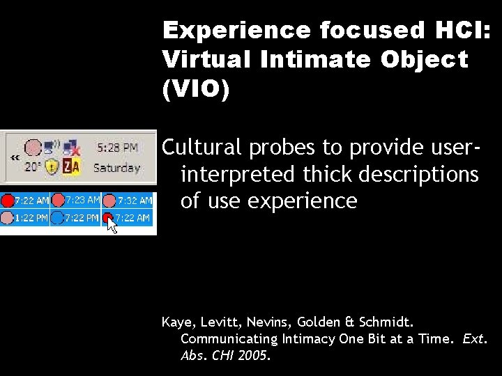 Experience focused HCI: Virtual Intimate Object (VIO) Cultural probes to provide userinterpreted thick descriptions