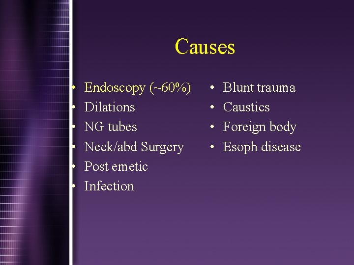 Causes • • • Endoscopy (~60%) Dilations NG tubes Neck/abd Surgery Post emetic Infection