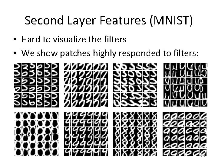 Second Layer Features (MNIST) • Hard to visualize the filters • We show patches