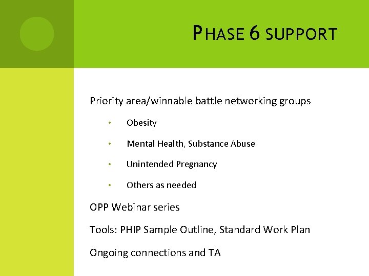 P HASE 6 SUPPORT Priority area/winnable battle networking groups • Obesity • Mental Health,