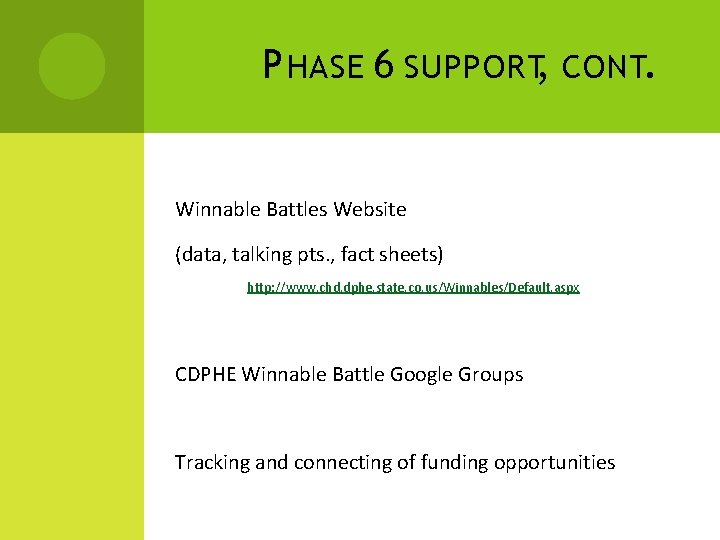 P HASE 6 SUPPORT, CONT. Winnable Battles Website (data, talking pts. , fact sheets)