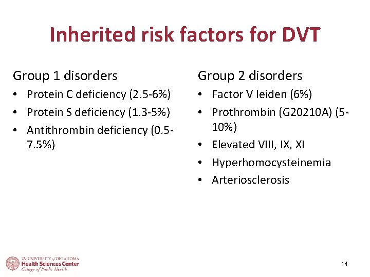 Inherited risk factors for DVT Group 1 disorders Group 2 disorders • Protein C