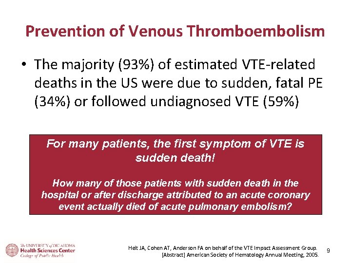 Prevention of Venous Thromboembolism • The majority (93%) of estimated VTE-related deaths in the