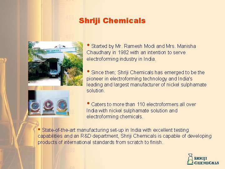 Shriji Chemicals • Started by Mr. Ramesh Modi and Mrs. Manisha Chaudhary in 1982