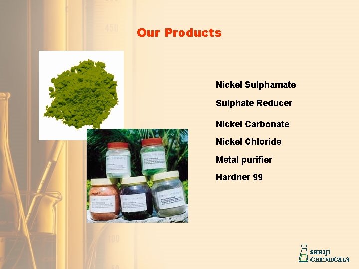 Our Products Nickel Sulphamate Sulphate Reducer Nickel Carbonate Nickel Chloride Metal purifier Hardner 99