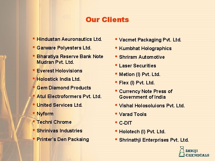 Our Clients • Hindustan Aeuronautics Ltd. • Garware Polyesters Ltd. • Bharatiya Reserve Bank