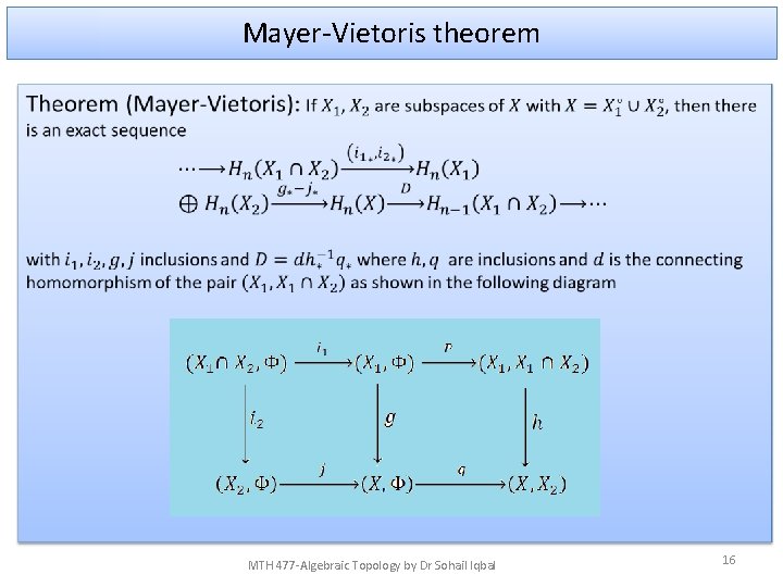 Mayer-Vietoris theorem • MTH 477 -Algebraic Topology by Dr Sohail Iqbal 16 