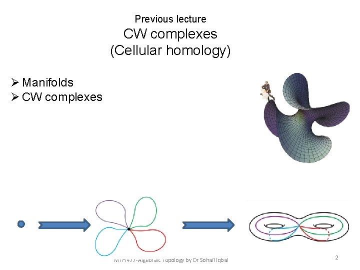 Previous lecture CW complexes (Cellular homology) Ø Manifolds Ø CW complexes MTH 477 -Algebraic