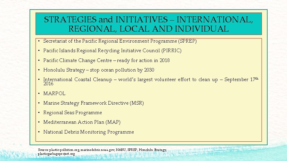 STRATEGIES and INITIATIVES – INTERNATIONAL, REGIONAL, LOCAL AND INDIVIDUAL • Secretariat of the Pacific