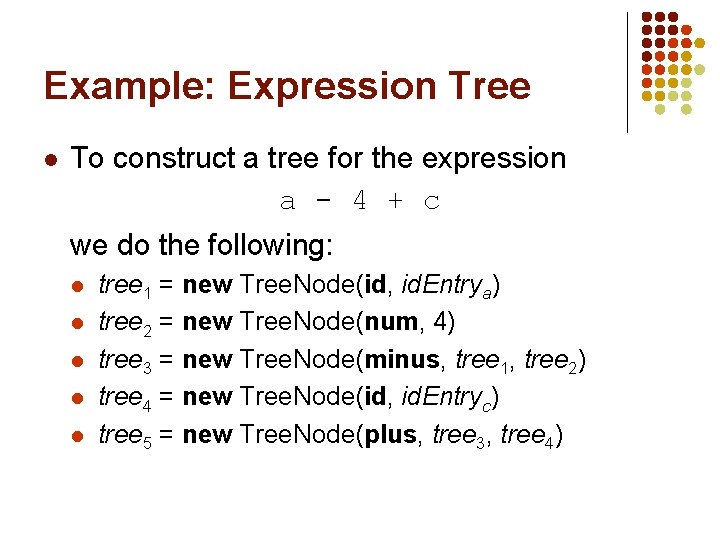 Example: Expression Tree l To construct a tree for the expression a - 4