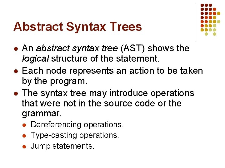 Abstract Syntax Trees l l l An abstract syntax tree (AST) shows the logical